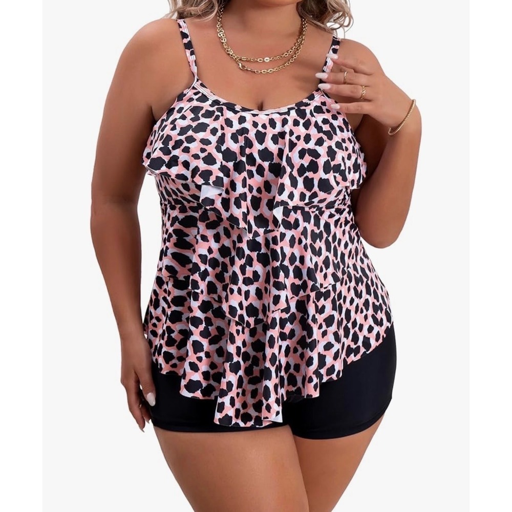 Plus Size Pink Leopard Print Ruffle Tankini Swim Top